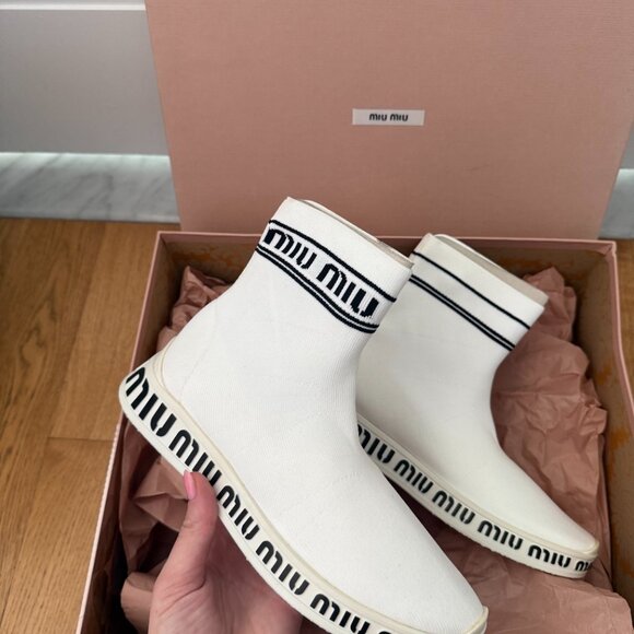 NWT Miu Miu High Top Sock Sneakers White Knit Logo Pattern Rubber Sole - Picture 4 of 11